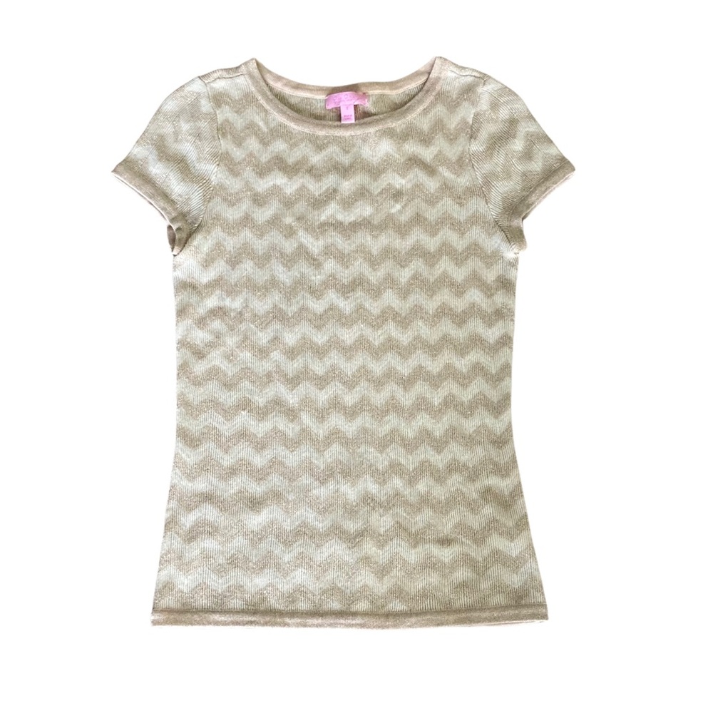 Lilly Pulitzer Metallic Chevron Stripe short sleeve Sweater white gold Small